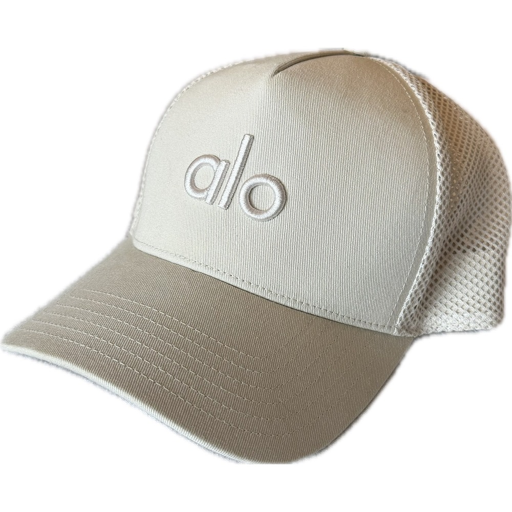 Alo Yoga Off-Duty Mesh Trucker Hat Bone Ivory Embroidered Logo Snapback Cap
